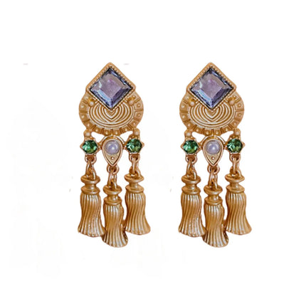 1 Pair Retro Geometric Flower Copper Inlay Rhinestones Pearl Drop Earrings