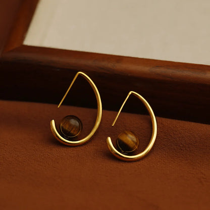 1 Pair Retro Geometric Plating Inlay Copper Tiger Eye 18K Gold Plated Drop Earrings