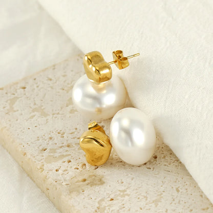 1 Pair Retro Geometric Plating Inlay Stainless Steel Artificial Pearls 18k Gold Plated Earrings