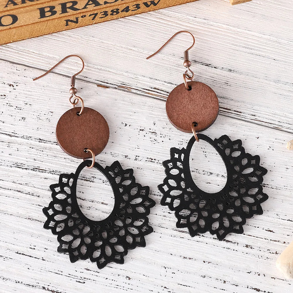 1 Pair Retro Geometric Pu Leather Wood Drop Earrings