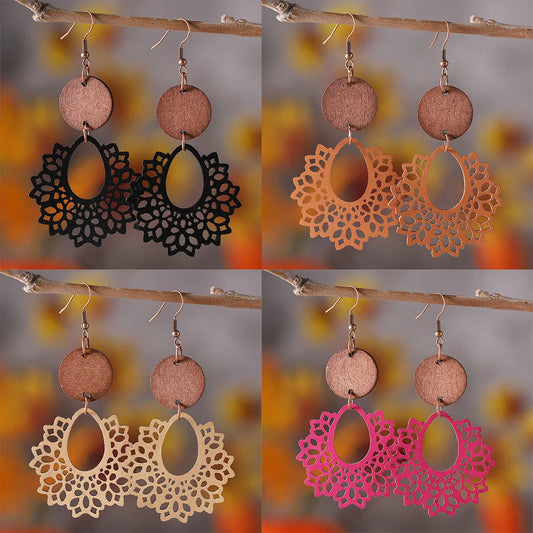 1 Pair Retro Geometric Pu Leather Wood Drop Earrings