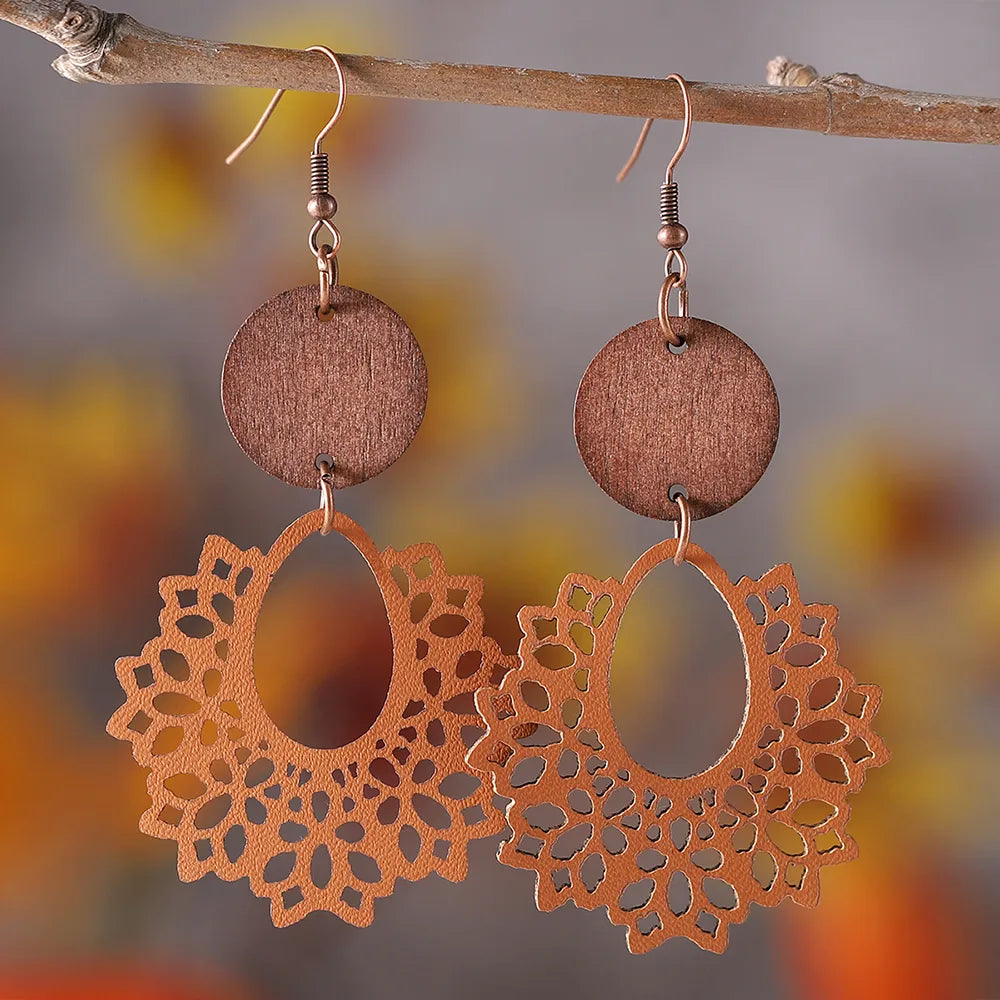 1 Pair Retro Geometric Pu Leather Wood Drop Earrings