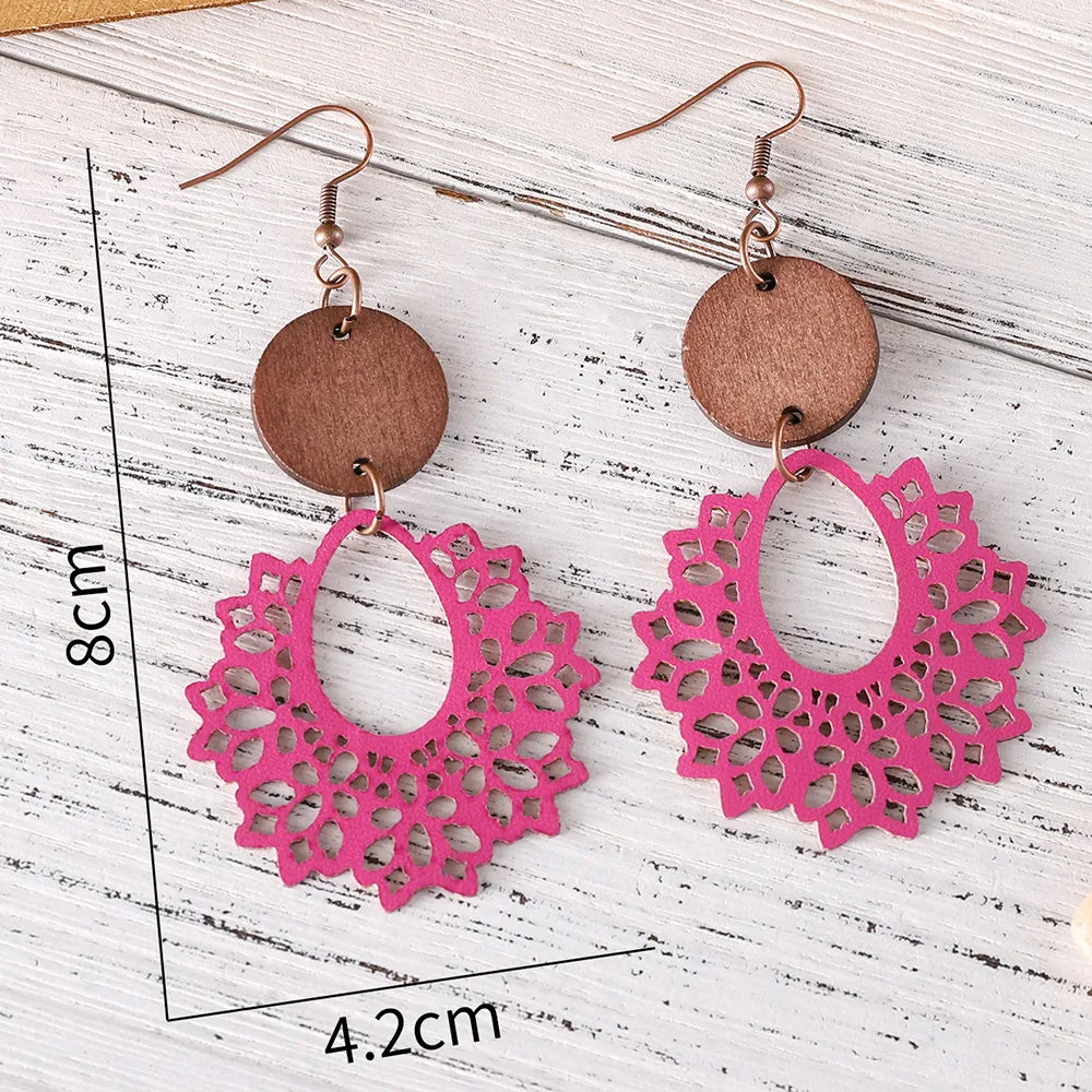 1 Pair Retro Geometric Pu Leather Wood Drop Earrings