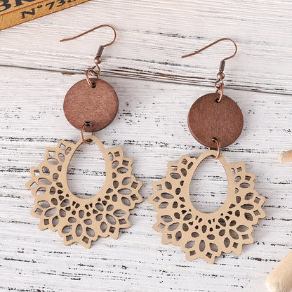 1 Pair Retro Geometric Pu Leather Wood Drop Earrings