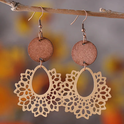 1 Pair Retro Geometric Pu Leather Wood Drop Earrings