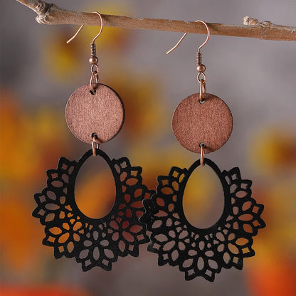 1 Pair Retro Geometric Pu Leather Wood Drop Earrings