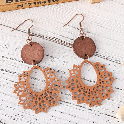 1 Pair Retro Geometric Pu Leather Wood Drop Earrings