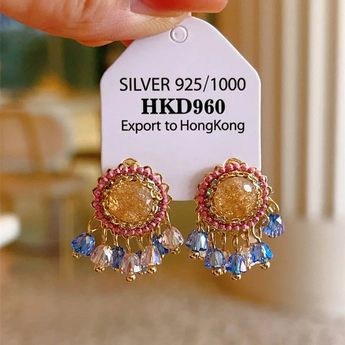 1 Pair Retro Geometric Tassel Artificial Crystal Earrings