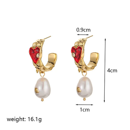 1 Pair Retro Heart Shape Enamel Plating Inlay Copper Freshwater Pearl 18k Gold Plated Drop Earrings