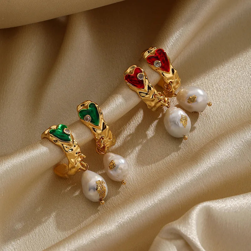 1 Pair Retro Heart Shape Enamel Plating Inlay Copper Freshwater Pearl 18k Gold Plated Drop Earrings