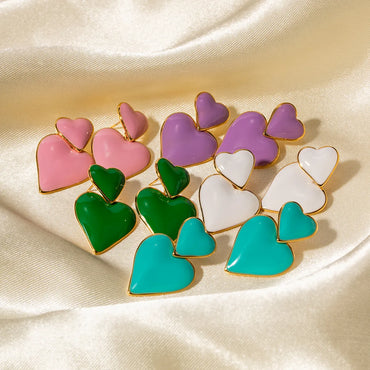 1 Pair Retro Heart Shape Enamel Plating Stainless Steel 18k Gold Plated Drop Earrings