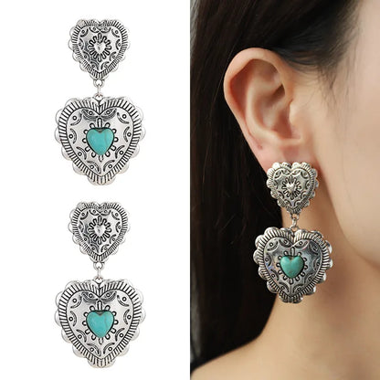 1 Pair Retro Heart Shape Inlay Zinc Alloy Turquoise Drop Earrings