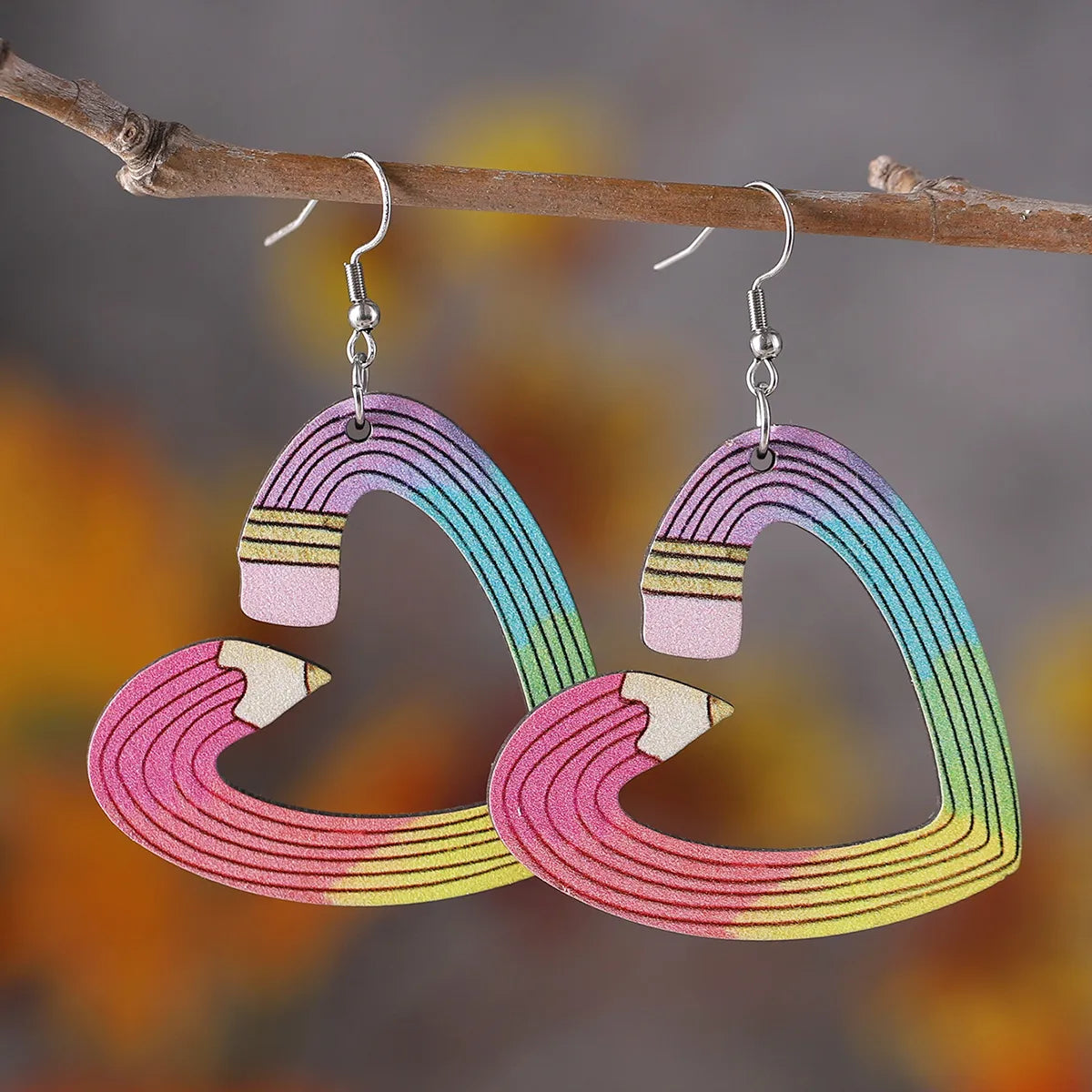 1 Pair Retro Heart Shape Pencil Wood Drop Earrings