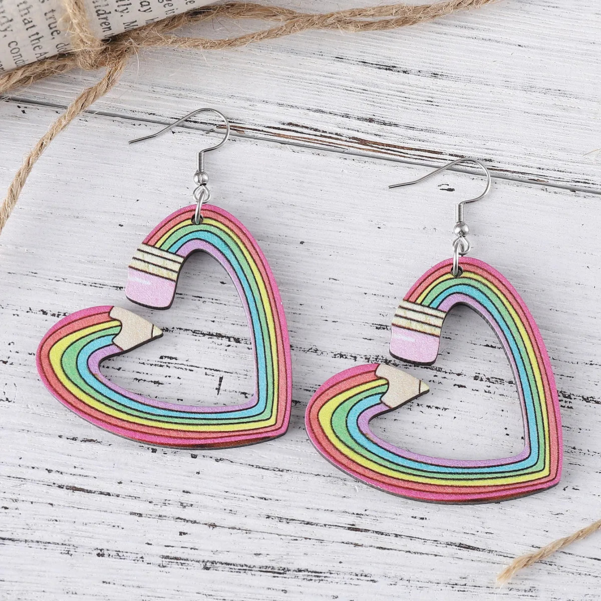 1 Pair Retro Heart Shape Pencil Wood Drop Earrings