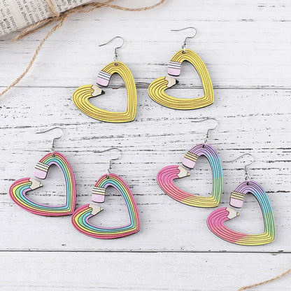 1 Pair Retro Heart Shape Pencil Wood Drop Earrings