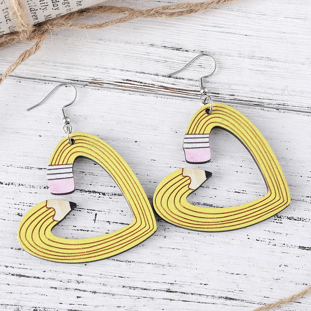 1 Pair Retro Heart Shape Pencil Wood Drop Earrings