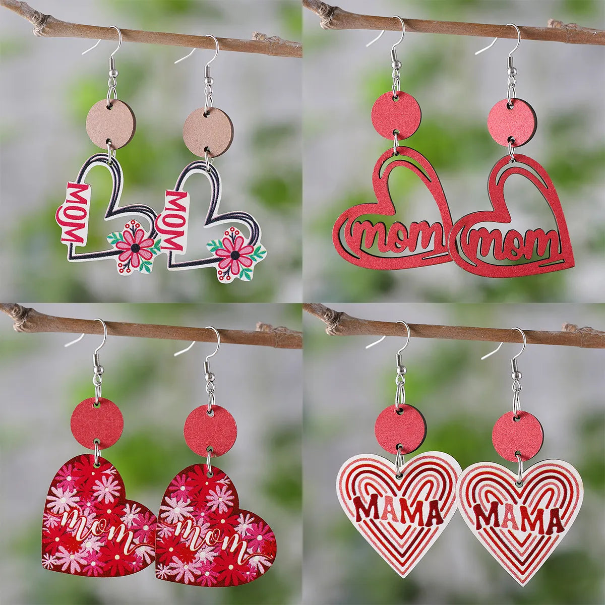 1 Pair Retro Heart Shape Wood Drop Earrings