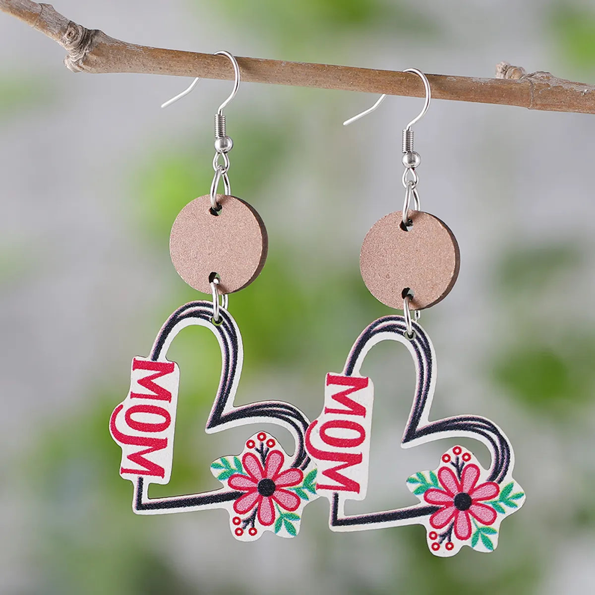 1 Pair Retro Heart Shape Wood Drop Earrings