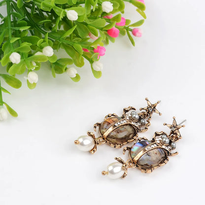 1 Pair Retro Insect Beetles Plating Inlay Artificial Pearl Alloy Artificial Diamond Drop Earrings