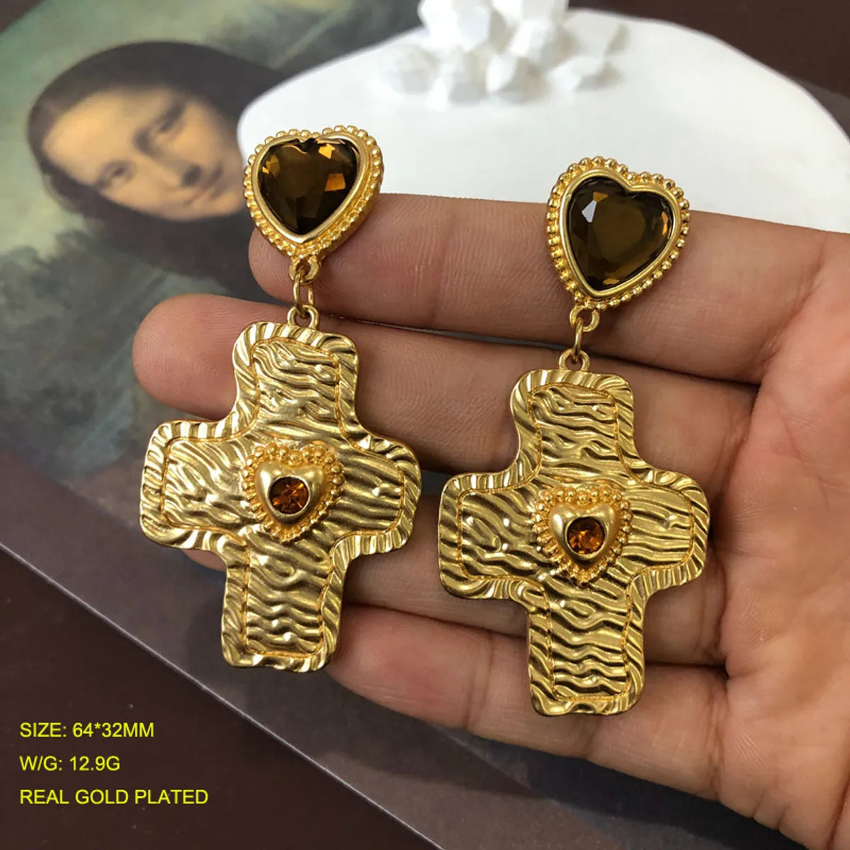 1 Pair Retro Lady Geometric Cross Heart Shape Plating Inlay Alloy Zircon Drop Earrings