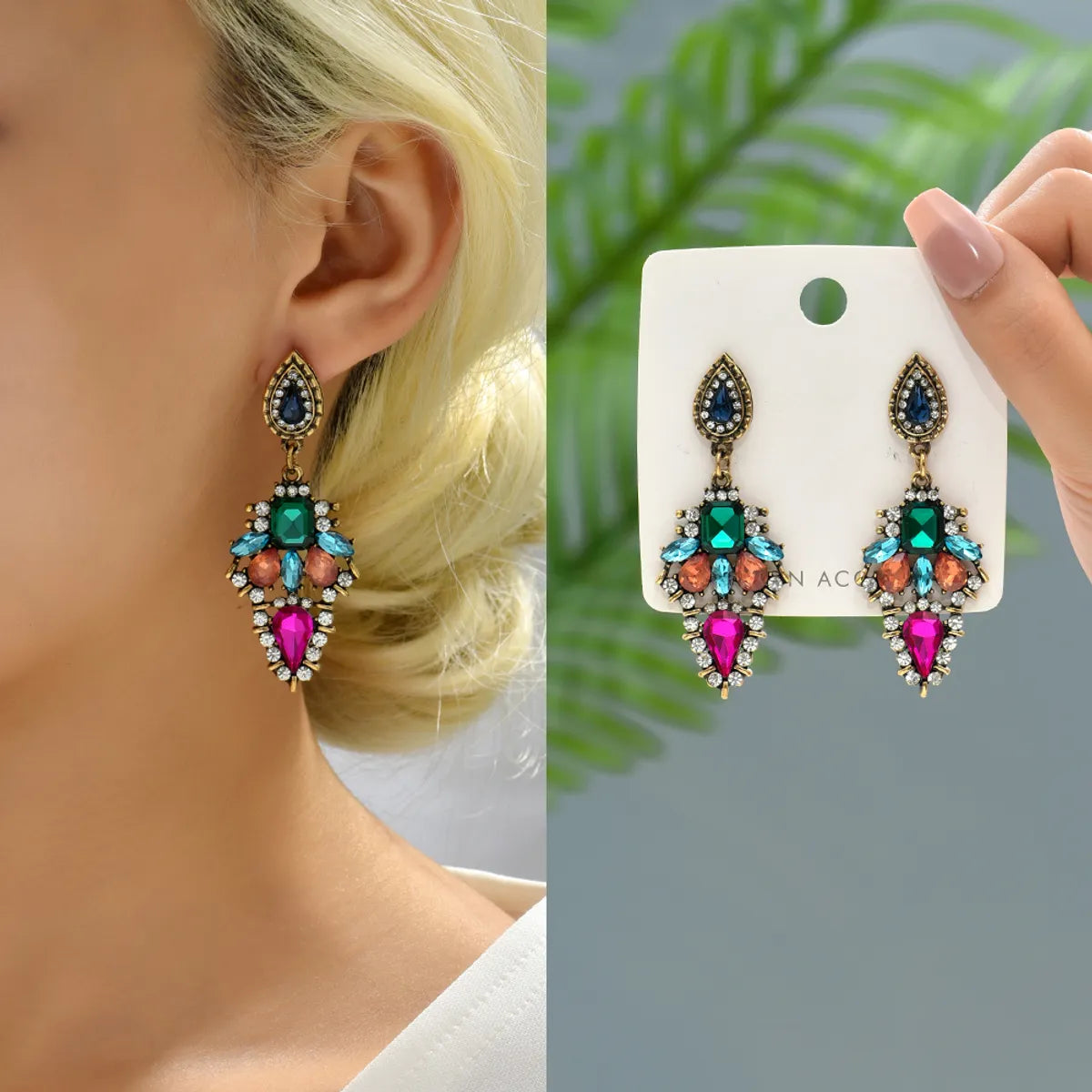 1 Pair Retro Lady Geometric Hollow Out Inlay Zinc Alloy Rhinestones Drop Earrings