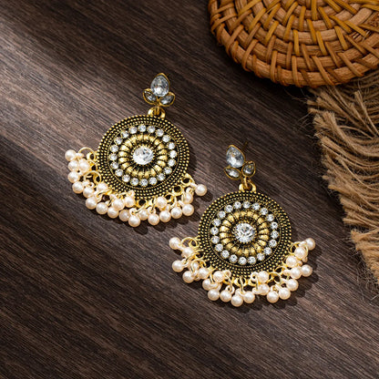 1 Pair Retro Lady Geometric Tassel Plating Alloy Rhinestones Drop Earrings