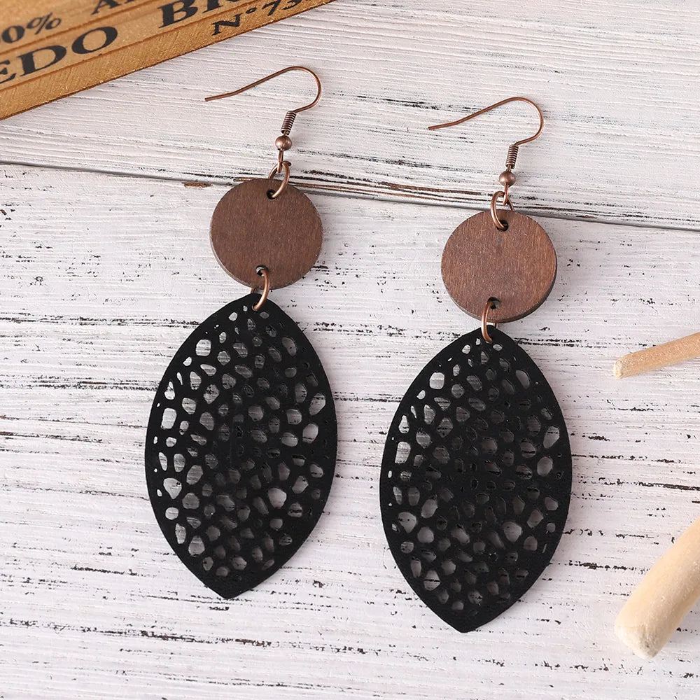 1 Pair Retro Leaves Hollow Out Pu Leather Wood Drop Earrings