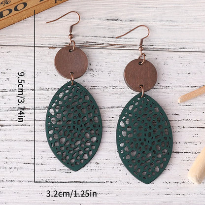 1 Pair Retro Leaves Hollow Out Pu Leather Wood Drop Earrings