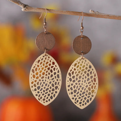 1 Pair Retro Leaves Hollow Out Pu Leather Wood Drop Earrings