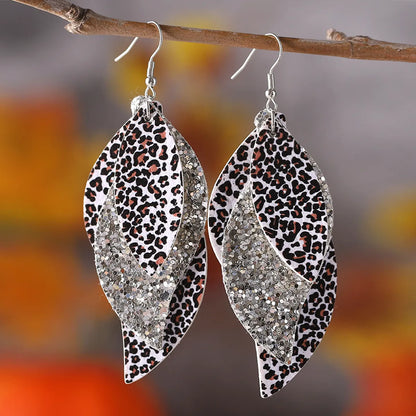 1 Pair Retro Leopard Sequins Layered Pu Leather Drop Earrings