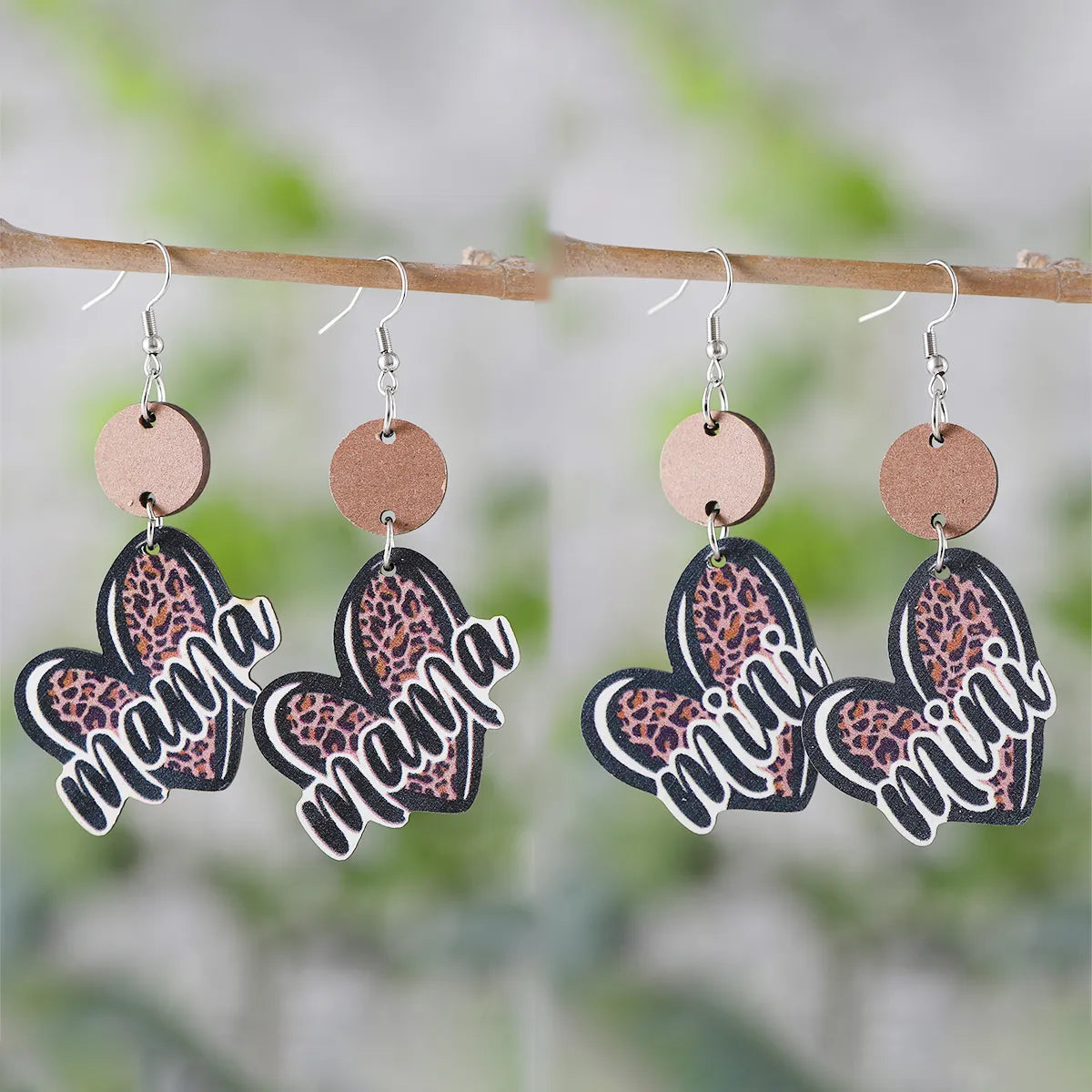 1 Pair Retro Letter Heart Shape Wood Drop Earrings