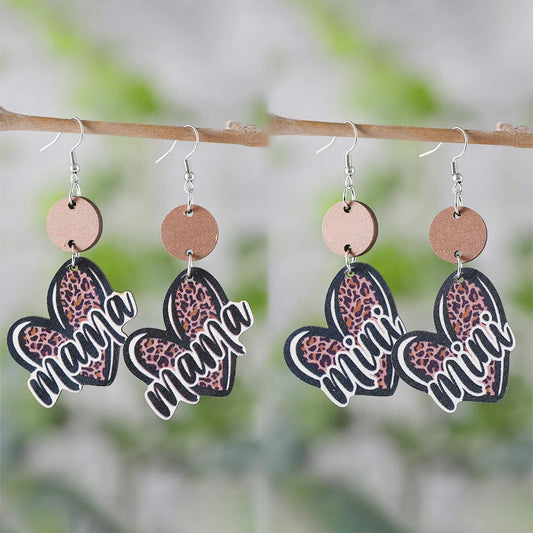 1 Pair Retro Letter Heart Shape Wood Drop Earrings