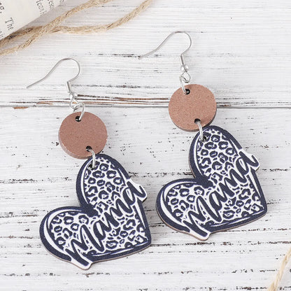 1 Pair Retro Letter Heart Shape Wood Drop Earrings