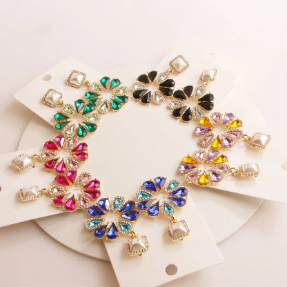 1 Pair Retro Luxurious Flower Plating Inlay Alloy Rhinestones Drop Earrings