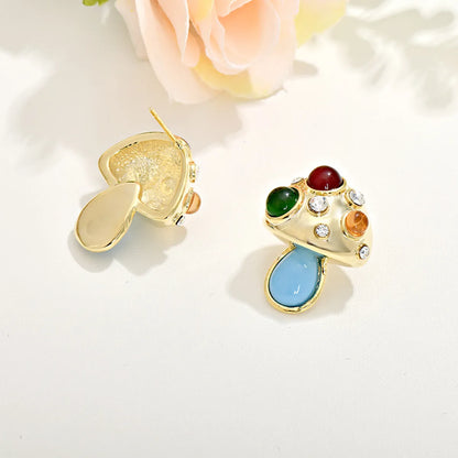 1 Pair Retro Mushroom Inlay Alloy Rhinestones Glass Ear Studs