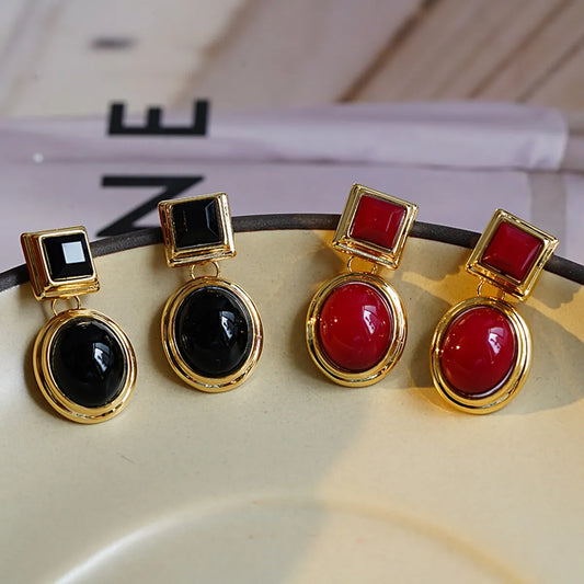 1 Pair Retro Oval Inlay Copper Artificial Gemstones 18K Gold Plated Drop Earrings