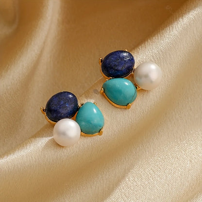 1 Pair Retro Pastoral Flower Inlay Copper Freshwater Pearl Turquoise Lapis Lazuli 18K Gold Plated Ear Studs