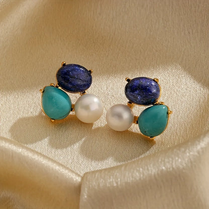 1 Pair Retro Pastoral Flower Inlay Copper Freshwater Pearl Turquoise Lapis Lazuli 18K Gold Plated Ear Studs