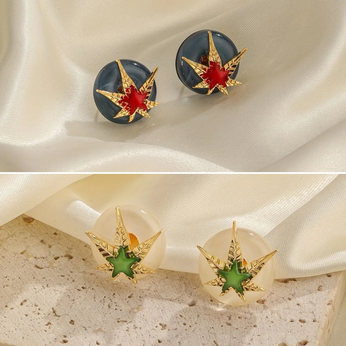 1 Pair Retro Pentagram Maple Leaf Enamel Inlay Glass Copper Glass 18K Gold Plated Ear Studs