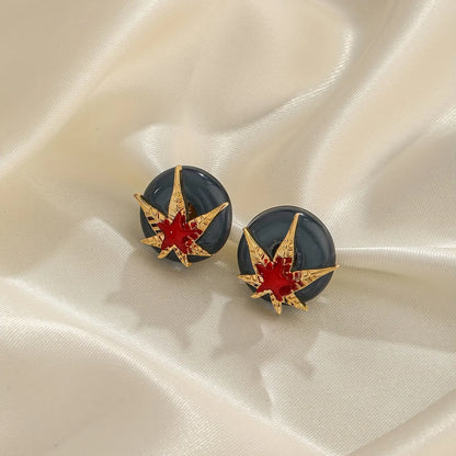 1 Pair Retro Pentagram Maple Leaf Enamel Inlay Glass Copper Glass 18K Gold Plated Ear Studs