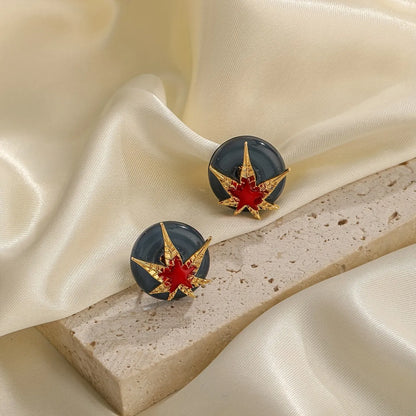 1 Pair Retro Pentagram Maple Leaf Enamel Inlay Glass Copper Glass 18K Gold Plated Ear Studs