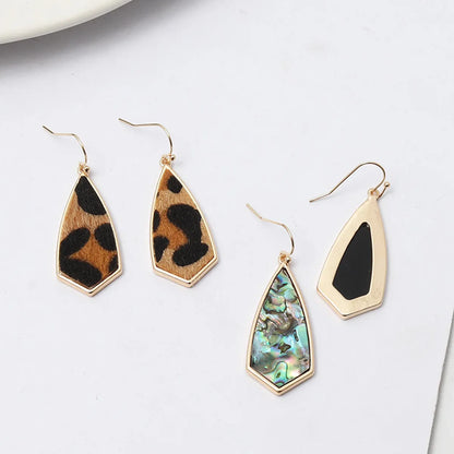 1 Pair Retro Polygon Leopard Inlay Alloy Pu Shell Drop Earrings