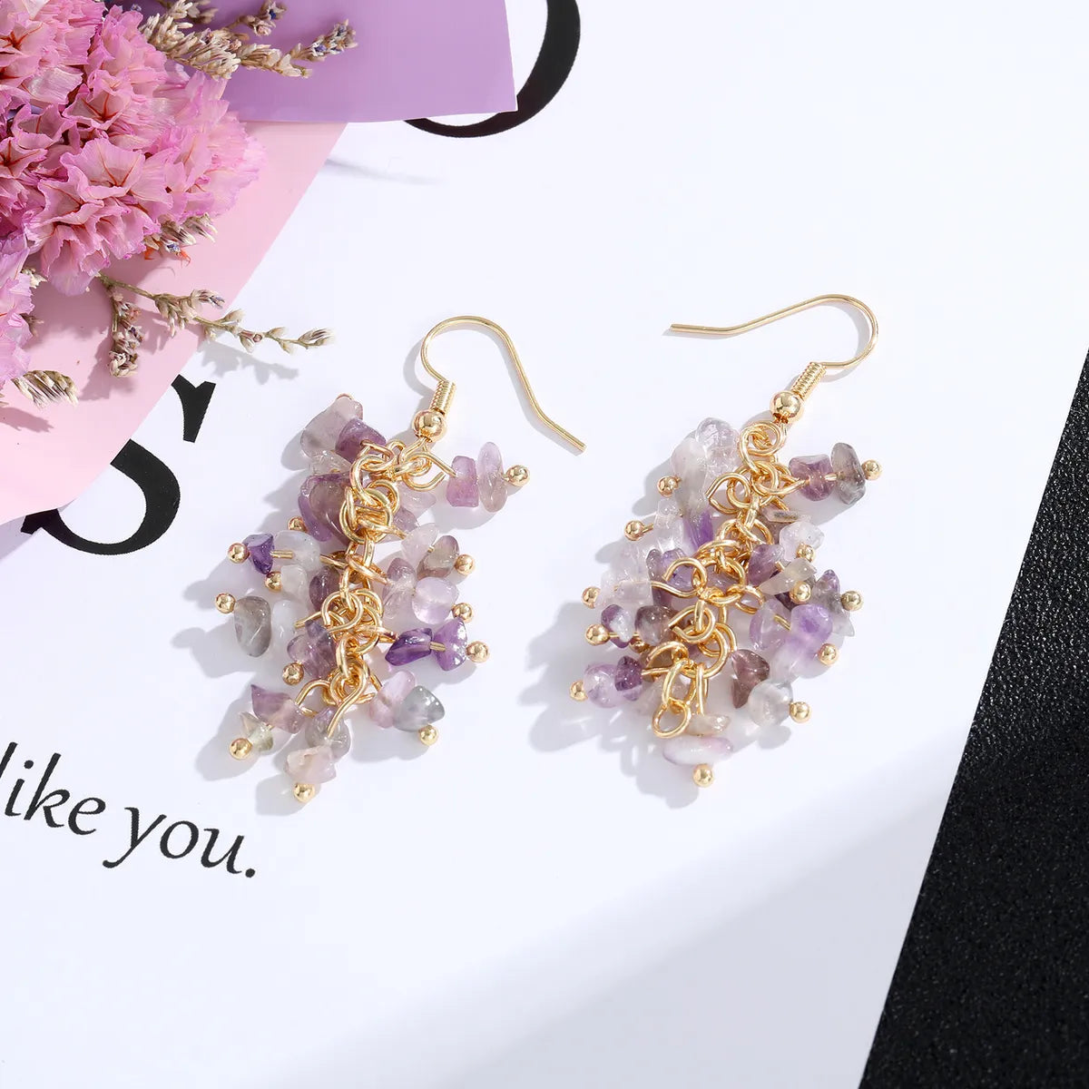 1 Pair Retro Printing Natural Stone Crystal Drop Earrings