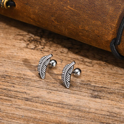 1 Pair Retro Punk Feather Stoving Varnish Stainless Steel Ear Studs