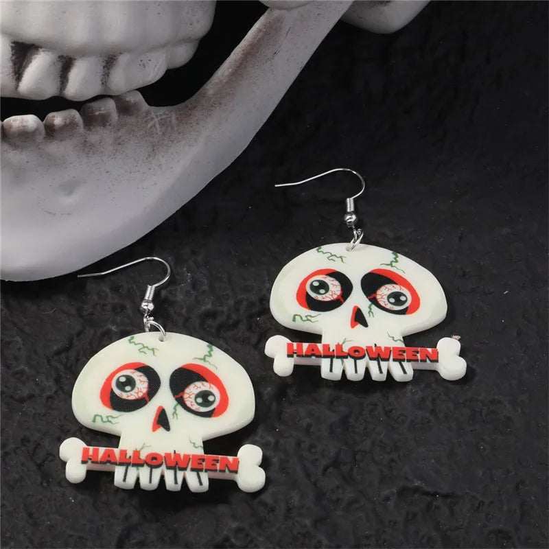 1 Pair Retro Punk Pumpkin Spider Web Skull Painted Hollow Out Arylic Silver Plated Drop Earrings