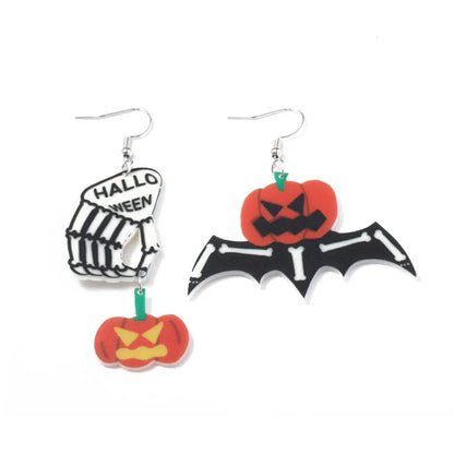 1 Pair Retro Punk Pumpkin Spider Web Skull Painted Hollow Out Arylic Silver Plated Drop Earrings