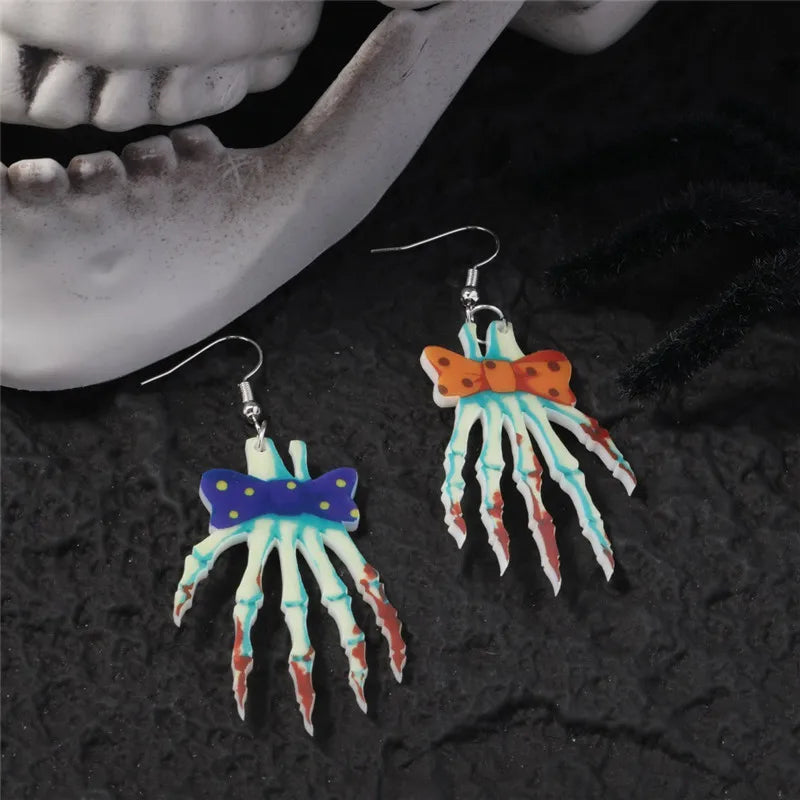 1 Pair Retro Punk Pumpkin Spider Web Skull Painted Hollow Out Arylic Silver Plated Drop Earrings