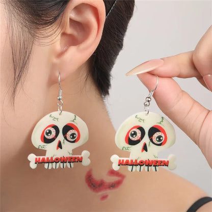 1 Pair Retro Punk Pumpkin Spider Web Skull Painted Hollow Out Arylic Silver Plated Drop Earrings