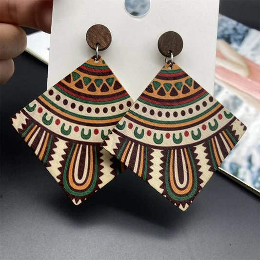 1 Pair Retro Rhombus Stoving Varnish Wood Drop Earrings