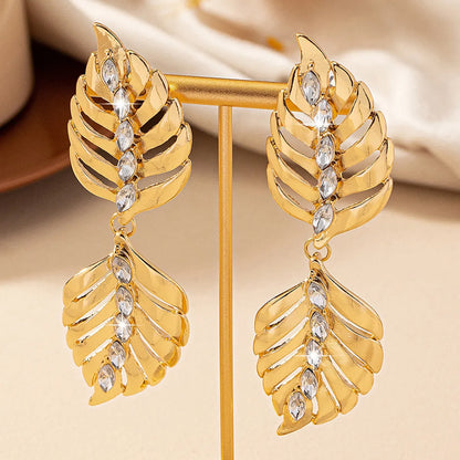 1 Pair Retro Roman Style Leaf Plating Inlay Alloy Zircon Drop Earrings